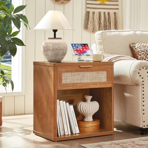 LEYAOYAO Rattan Nightstand with Charging Station, 23" Wide Boho Night Stand with Drawer, Natural Wood Bedside Table Open Storage Cabinet, Bed Side End Tables Dresser for Bedroom, Living Room, Hallway - Thumbnail 4