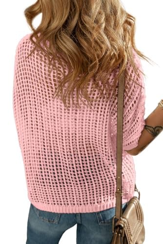 ONLYSTORY Women's Summer Crochet Tops Short Sleeve Hollow Out Knit Cover Ups Off Shoulder Casual Beach Vacation Resort Sweater,Pink,L - Thumbnail 3
