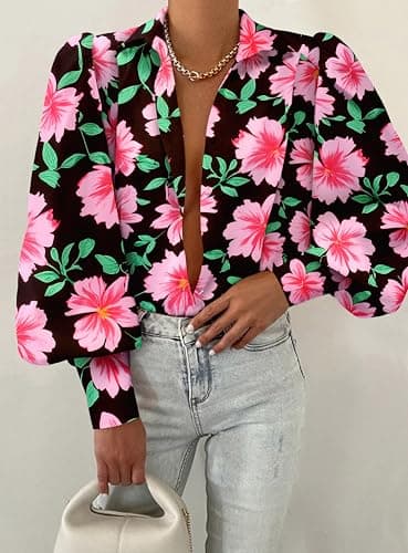 BTFBM Women Fashion Button Down Shirts 2026 V Neck Boho Printed Long Sleeve Blouses Dressy Casual Spring Fall Tops(Big Floral Black Pink, Medium) - Thumbnail 4