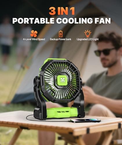 Battery Powered Fan -Lash Fans with Led Lantern, Portable Rechargeable, Battery Operated for Mobile Phone, Hook 4 Speed Quiet Personal for Desk Fan, Travel, Fishing, Power Outage, Hurricane-Green - Thumbnail 4