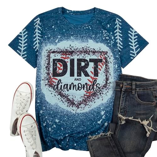 Baseball Shirts Women Softball Game Day T-Shirt Dirt and Diamonds Print Shirt Baseball Graphic Tee Tops Bleach Blue - Image 1