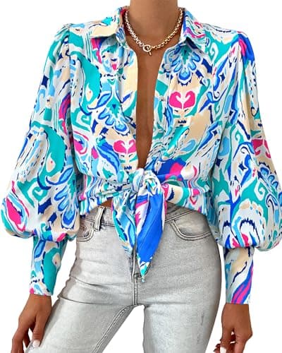 BTFBM Women Fashion Button Down Shirts 2026 V Neck Boho Printed Long Sleeve Blouses Dressy Casual Spring Fall Tops(Multi Green Blue, X-Large) - Image 1