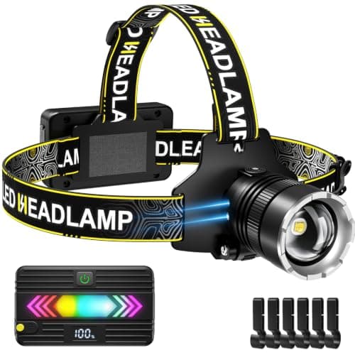 SPK Headlamp Rechargeable 90000 Lumen Super Bright, 5 Modes Head Lamp with Motion Sensor, Headlamp for Adults Zoomable, Head Light for Camping & Hard Hat, Detachable Power Pack & 13 Taillight Modes