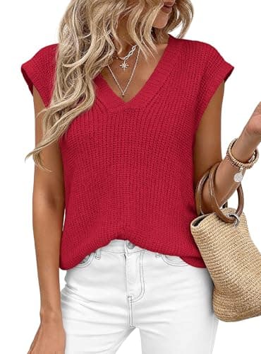 PRETTYGARDEN Women's 2026 Lightweight Sweaters Vest Spring Trendy Cap Sleeve V Neck Knit Tank Tops Summer Going Out Outfits (Red,Large) - Image 1