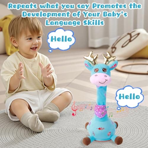 MIAODAM Dancing Talking Giraffe Stuffed Animal, Singing 10 Children's Song, Baby Toy Repeats What You Say, Christmas Colorful Glowing Giraffe Plush Interactive Toys for Toddlers 1-3 Year(Blue - Thumbnail 5