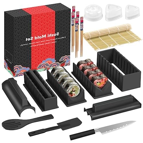 HI NINGER Sushi Making Kit Deluxe Edition Complete Sushi Maker Kit 17PCS Home Sushi Mold Press with Sushi Rice Roll Mold Shapes,Fork,Spatula, Sushi Knife, Sushi Rolling Mat, Chopsticks - Image 1