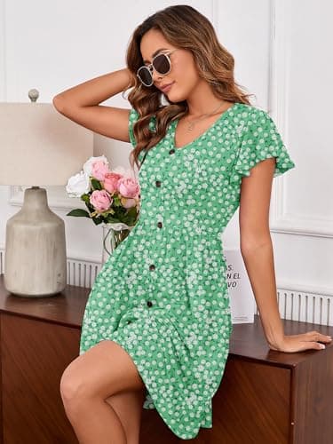 Heymoments Women Summer Dress Fresh Daisy X-Large Ruffle Sleeve V Neck Casual Cute Loose Sundress Comfy Swing Button Down Midi Work Flowy Tunic Ladies Beach Vacation Teacher Dresses with Pockets - Thumbnail 3