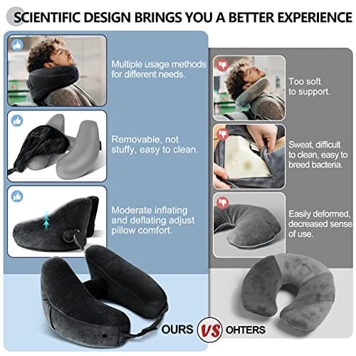 Sunany Neck Pillow for Travel Inflatable Airplane Pillow Comfortably Supports Head, Neck and Chin, Inflatable Travel Pillow with Soft Velour Cover and Portable Drawstring Bag (Black) - Thumbnail 6