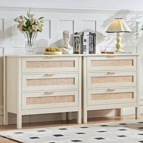 LEYAOYAO 31.5" Wide Rattan Night Stand, Large Boho Nightstand, Bedside Table with Storage, Tall Bed Side End Tables, Chest of Drawers for Bedroom, Living Room, Hallway（Grey,3 Drawers,2） - Image 1