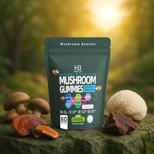 Organic Ashwagandha & Lions Mane Mushroom Gummies - Reishi, Cordyceps, Turkey Tail, Maitake, Shitake & Chaga, Immune Support & defense, Brain Boost, Vegan, All-in-One Superfood supplement | 80 gummies - Thumbnail 3
