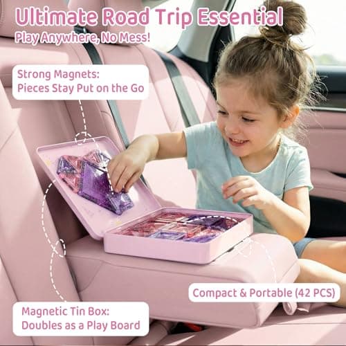 STEM MATCH Magnetic Tiles Girls Travel Toy: 42 PCS Pink Glitter Building Blocks Castle Tin Box - 120 Mins Quiet Play 60s Cleanup - Toddler Kids Gift Age 3 4 5 6 - Thumbnail 4