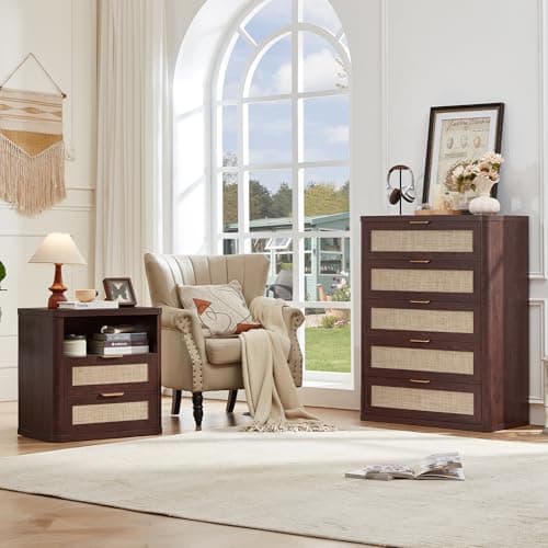LEYAOYAO Rattan Dresser for Bedroom 41" Tall Chest of Drawers, Modern 5 Drawers Boho Dressers with Storage, Light Oak Dresser Wooden Closet Organizer for Living Room, Hallway, Retro Walnut - Thumbnail 6