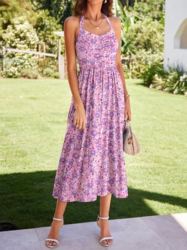 YIOYOLA Sundress for Women Casual Summer Party Beach Vacation Dress Teen Stretchy Halter Wedding Guest Cottage Core Midi Milkmaid Dresses(YYL641-Purple Red F 01,L) - Thumbnail 3