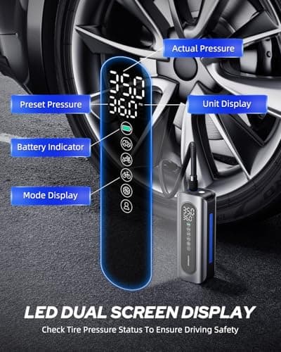 AUTOONE Tire Inflator Portable Air Compressor - 4X Faster 150PSI Cordless Air Pump with Digital Tire Pressure Gauge, 12V Car Power Adapter - For Car, Motorcycle, Bike, Ball and More - Thumbnail 3