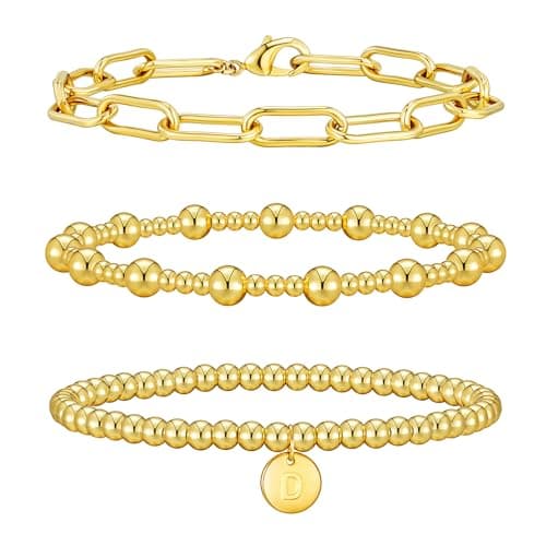 Wowshow Gold Bracelets for Women Strand Gold Beaded Bracelets for Women Initial Bracelet with D Letter Gold Bracelet Stack Set 14K Gold Plated Bead Ball Bracelet Gold Jewelry Gifts for Women - Image 1