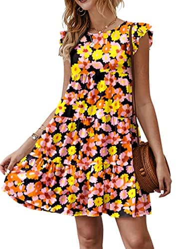 KIRUNDO Women's 2026 Spring Summer Dresses Sleeveless Bohemia Floral Print Ruffle Sleeve Round Neck Loose Short Flowy Pleated Tiered Mini Dress, Floral3- Black Orange Yellow, Medium - Image 1