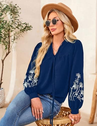 LOOKBOHO Boho Tops for Women Floral Embroidered Long Sleeve Peplum Blouses V Neck Tie Front Mexican Shirt Dressy Casual XXL - Thumbnail 4