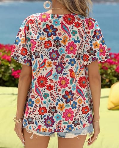 KIRUNDO Boho Tops for Women Summer 2026 Dressy Floral Blouse V Neck Drawstring Short Sleeve Shirts Beach Vacation Clothes(White Multicolored, Large) - Thumbnail 3