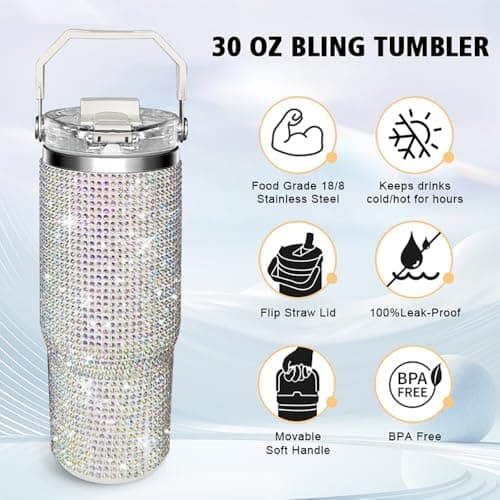 Bling Rhinestone Studded Tumbler with Top Handle, Bling Cups Stainless Steel Water Bottle Diamond Glitter Tumbler for Women - Birthday Gifts for Women, Mom,Get Well Soon Gifts (Northern light) - Thumbnail 2
