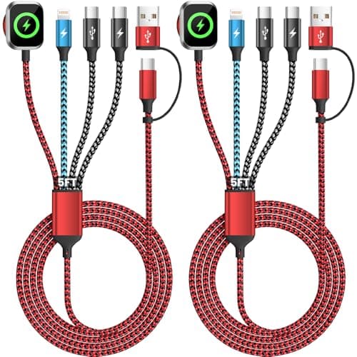 Travel Essentials 4in2 Multi Charging Cable for iPhone Watch Charger,USB A/C to Dual Type C/IP/iWatch charger,Travel Chargers for Multiple Devices Compatible with iWatch Series&iPhone 17-12（2PACK,5FT）