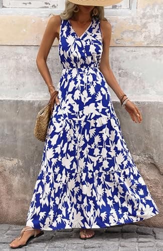 BTFBM Women Summer Dresses Casual Sleeveless Maxi Dresses Cute Floral Long Dress Wedding Guest Dress(Royal Blue Beige Flower,Large) - Thumbnail 2