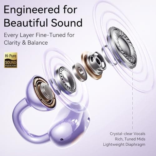 Kinglucky Jewelry-Inspired Clip-On Earbuds with Diamond Earrings, Comfortable Fit & 40H Playtime Open Ear Bluetooth 5.4 Wireless Headphones for Women, Small Ears, Sports & Workouts (Purple) - Thumbnail 4