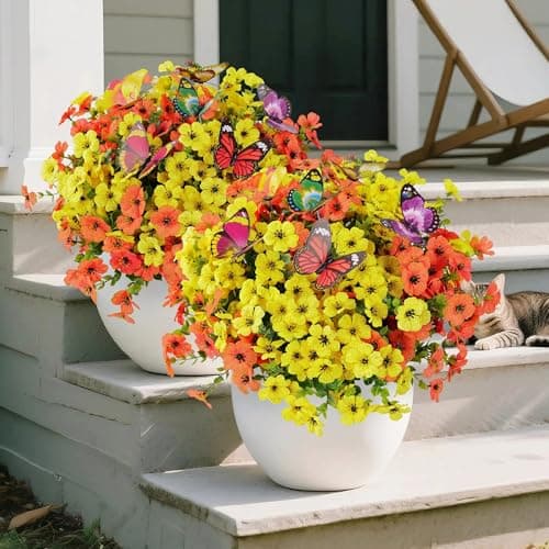 CogDat 20 Bundles Artificial Flowers for Outdoors‌ with 6 Faux Butterflies, UV Resistant and No Fade, ‌Fake Flowers for Garden Patio Porch Home Decor Wedding Easter Mother's Day (Orange Yellow) - Thumbnail 6