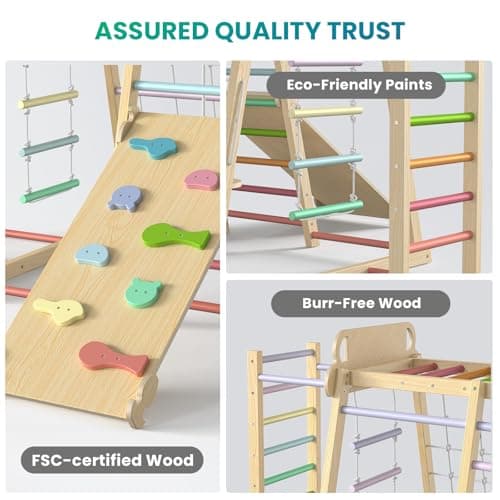 Upgraded Indoor Playground 9-in-1 Jungle Gym Kids Climbing Toys, Montessori Philosophy Waldorf Style Wooden Climber Playset with Slide, Swing, Monkey Bars, Upright/Rope Ladder, Climb Net, Rainbow - Thumbnail 2