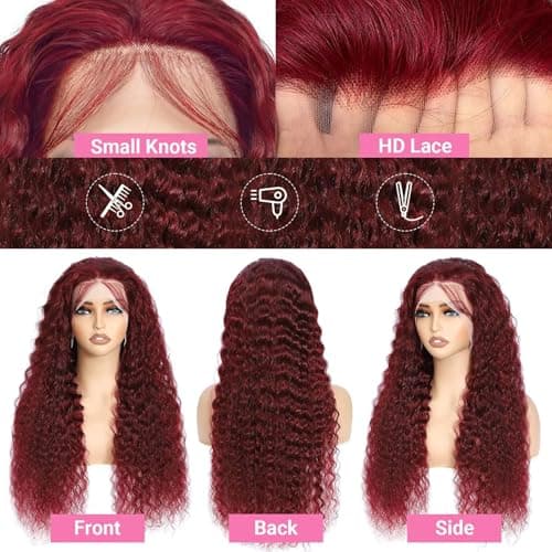 Yeeaak 28inch Burgundy Wig Human Hair 99j Burgundy 13x6 Deep Wave Hd Lace Front Wigs Human Hair 200% Density Wet And Wavy Glueless Wig For Women Wine Red Colored Curly Wig Pre Plucked With Baby Hair - Thumbnail 3