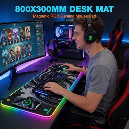 TARKARI Magnetic Wireless Charging RGB Mouse Pad, Large Gaming Desk Mat Waterproof, 31.5"x11.8" Black Mousepad, Ultra-Smooth Surface, Non-Slip Rubber Base, Desk Pad for Keyboard Laptop - Thumbnail 5