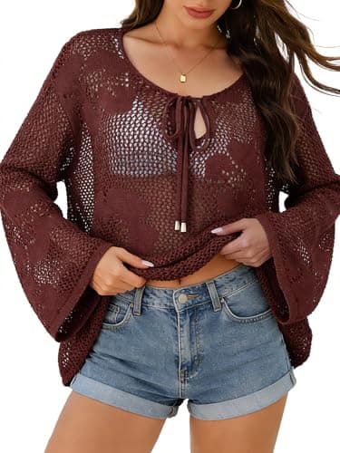 Womens Swimsuits Crochet Swim Cover Ups 2026 Summer Long Sleeve Bathing Suit Swimwear Beach Dress Vacation Outfits Coffee - Image 1