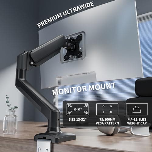 Single Monitor Arm Desk Mount，Gas Spring Monitors Arm for 17-32 inch Screens,Adjustable Computer Monitors Stand up to 4.4 to 19.8 lbs,Vesa Mount with Clamp and Grommet Base, VESA 75 & 100mm - Thumbnail 2