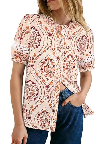 GRACE KARIN Women Boho Floral Tops, Summer Short Eyelet Sleeve Dressy Casual Shirts, Spring Button Down Blouse 2026 Trendy Orange X-Large - Image 1