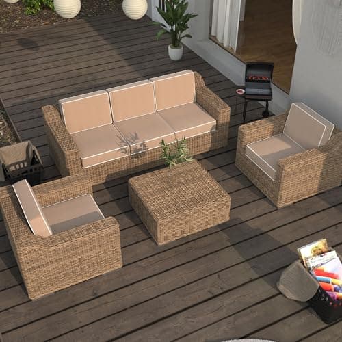 5" Thicker Outdoor Chair Cushions Set of 2 - 24x24 Inch Patio Chair Cushion for Outdoor Furniture w/Fade-Resistant Removable Cover Waterproof Deep Seat Patio Cushions w/Straps Handle for Couch, Khaki - Thumbnail 3