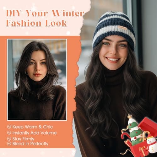 Benehair Beanie Wig Hair Extensions, Knitted Hats with Synthetic Water Wave Wig Hairpieces for Women Winter, 18 Inch Long Wavy Jet Black Hair with Blue & White Stripe Beanie - Thumbnail 2