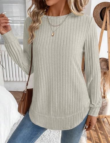 Long Sleeve Shirts for Women Lightweight Sweaters Long Sleeve Tunic Tops Fashion Curved Hem Dressy Cozy Blouses (Apricot, Medium) - Thumbnail 4