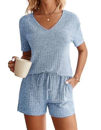 Ekouaer Womens Ribbed Knit Lounge Set Short Sleeve Top and Shorts Sleepwear Pajama Set Two Piece Shorts Outfits Set - Image 1