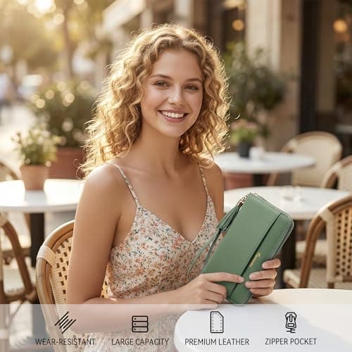 Travelambo Womens Wallet Tassel Bifold Ladies Clutch Wristlet Wrist strap Long Purse (Access Green Blooming) - Thumbnail 2