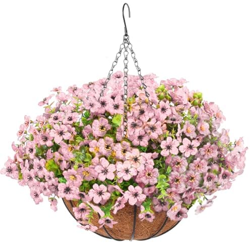 Artificial Hanging Faux Flowers Basket, Fake Silk Daisy Eucalyptus Plants Arrangement,for Spring Summer Outdoor Decoration,UV Resistant, Coconut Planter,Look Real for Home Garden Décor (Pink) - Image 1