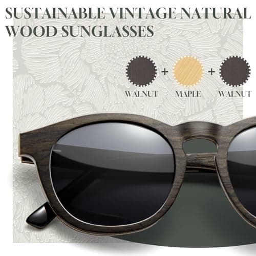 SUNGAIT Walnut Wood Sunglasses with Vegan Leather Case Thoughtful Gifts for Men Women Black Polarized Lens UV400 Protection (Walnut Maple Frame/Black Lens) - Thumbnail 2