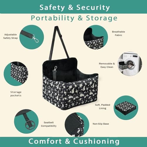 Cullaby Dog Car Seat for Small/Medium Dogs – Elevated Booster Seat with Detachable, Washable Cover, Safety Belts, and Storage Pockets Car Back Seat (Black Daisy, 15.75 * 17.72 * 9.84") - Thumbnail 4