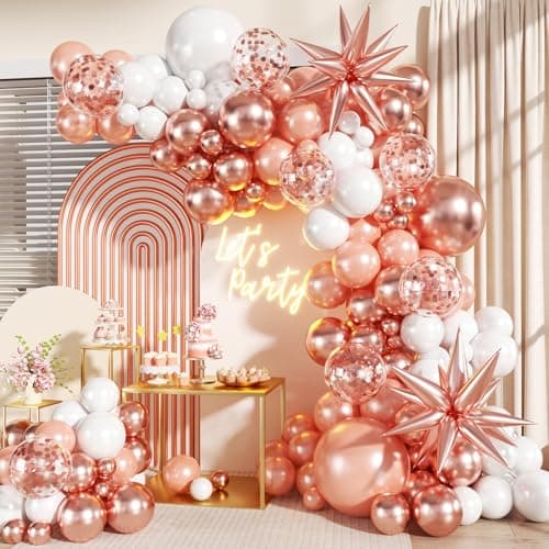 Rose Gold Balloon Garland Kit, 140Pcs Pearl Metallic Pink and White Confetti Balloons With Stars for Birthday Mothers Day Birdal Shower Wedding Sweet 16 Graduation Party Decorations