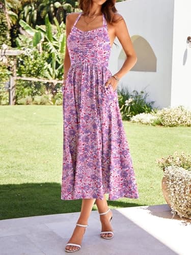 YIOYOLA Sundress for Women Casual Summer Party Beach Vacation Dress Teen Stretchy Halter Wedding Guest Cottage Core Midi Milkmaid Dresses(YYL641-Purple Red F 01,L) - Thumbnail 5