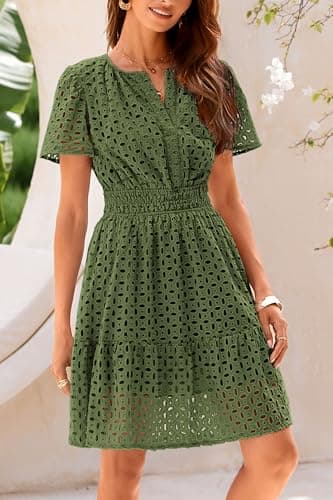 PRETTYGARDEN Womens 2026 Summer Short Dress V Neck Short Sleeve A Line Hollow Out Lace Cute Casual Beach Party Spring Dresses (Army Green,Medium) - Thumbnail 5