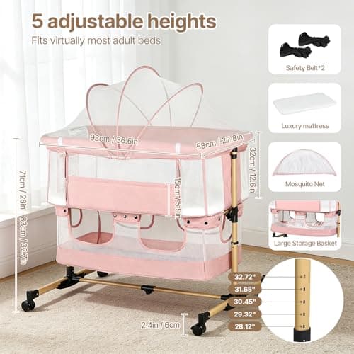 cutebeams Baby Bassinet, 3 in 1 Infant Bassinet Bedside Sleeper, Bassinet with Cover, Rocking Bedside Bassinet for Baby with Storage Basket, Foldable & Adjustable Travel Crib (Light Pink) - Thumbnail 3