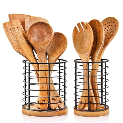 hunnycook 2-Piece Utensil Holders - 5.1*5.1*5.8 and 3.7*3.7*5.8 inches Kitchen Utensil Holders, Metal Black Crocks with Wooden Base, Easy to Drain - Image 1