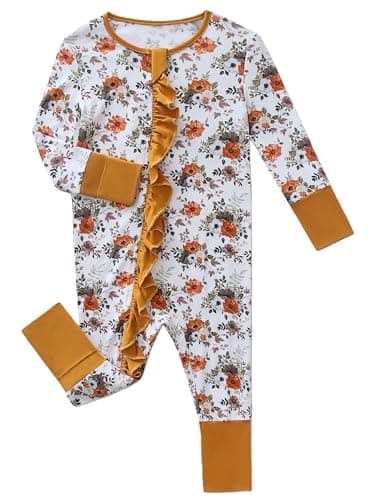 Joonberry Infant Baby Girl Clothing Bamboo Rayon Footies, Newborn outfit Footed Long Sleeve Jumpsuit with Zipper and Mitten Cuffs (Country Ditsy Floral, 12-18M) - Image 1