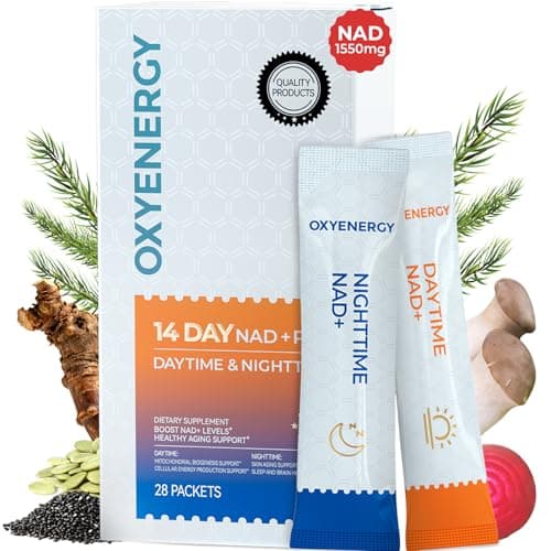 OxyEnergy NAD Supplement 1550 mg-Daytime Nicotinamide Riboside + Nighttime L-Tryptophan with Resveratrol, Glutathione, PQQ, 24-Hour Nonstop Energy, Anti-Aging & Cellular Renewal, 28 Packets - Image 1