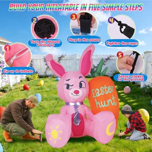 KISSUNY 5.15ft Easter Inflatables Outdoor Decorations Pink Bunny with Orange Carrot Blow Up Yard Decor with Built-in LEDs and Anchor Kit for Easter Egg Hunt Party Garden Lawn Patio Ornament - Thumbnail 5