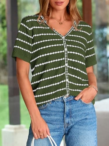 NALANISA Short Sleeve Sweaters for Women Trendy 2026 Spring Summer Tops V Neck Striped Button Up Causal Dressy Blouses (Army Green,XL) - Thumbnail 5